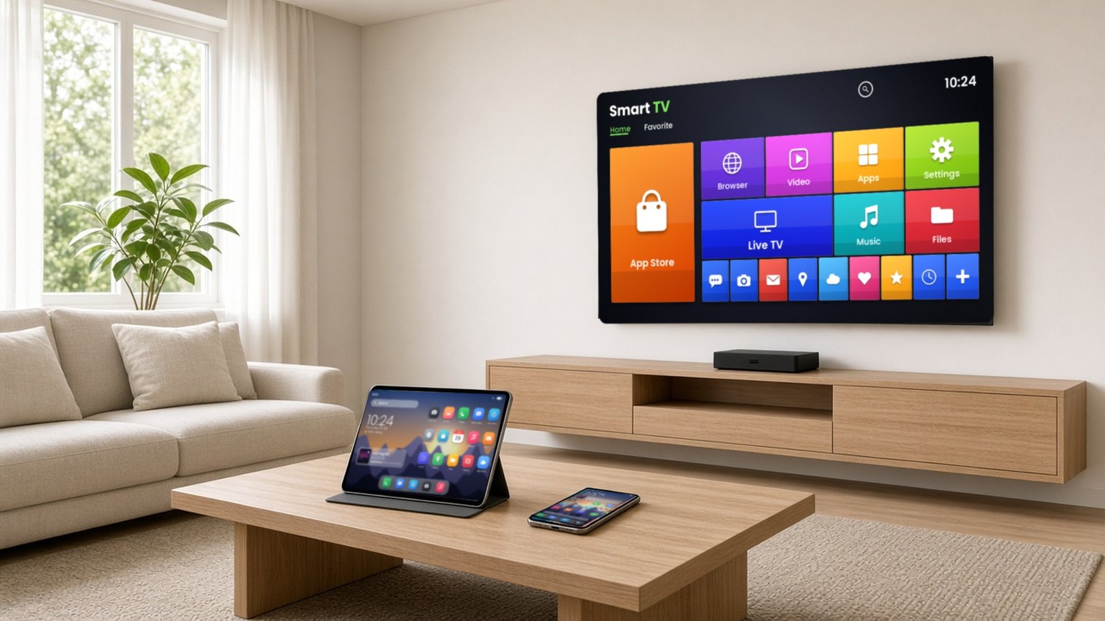 A bright modern living room with a wall-mounted TV showing a tile-style TV launcher with large labelled tiles above a light oak media unit with a small black box, and a tablet and a smartphone on the coffee table showing touch home screens with labelled app icons and widgets