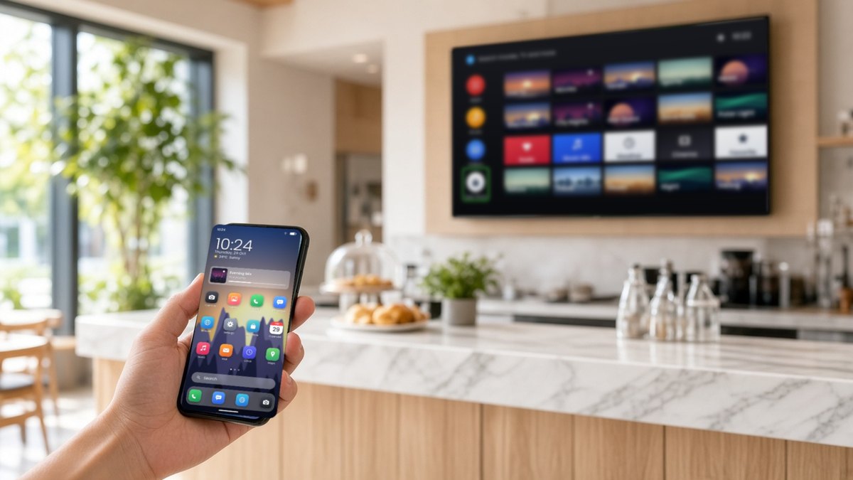 A hand holding a smartphone that shows a touch home screen with a clock and weather widget, a labelled grid of app icons, a search bar and a dock, in a bright modern cafe with a wall-mounted TV showing a rows-style TV launcher behind