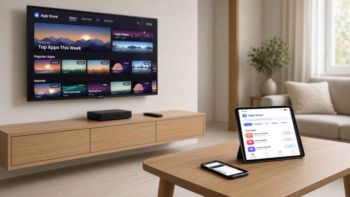 A wall-mounted TV showing a TV app store with category tabs and rows of large landscape app banners, beside a tablet and a smartphone on a coffee table showing a mobile app store with a vertical list of app cards and Install buttons, with a small black box and a remote control under the TV