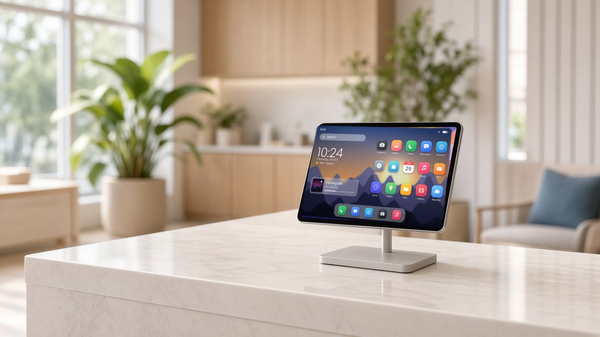 A tablet on a slim stand on a white stone counter in a bright room, showing a touch home screen with a search bar, clock and weather widget, a labelled grid of app icons and a dock