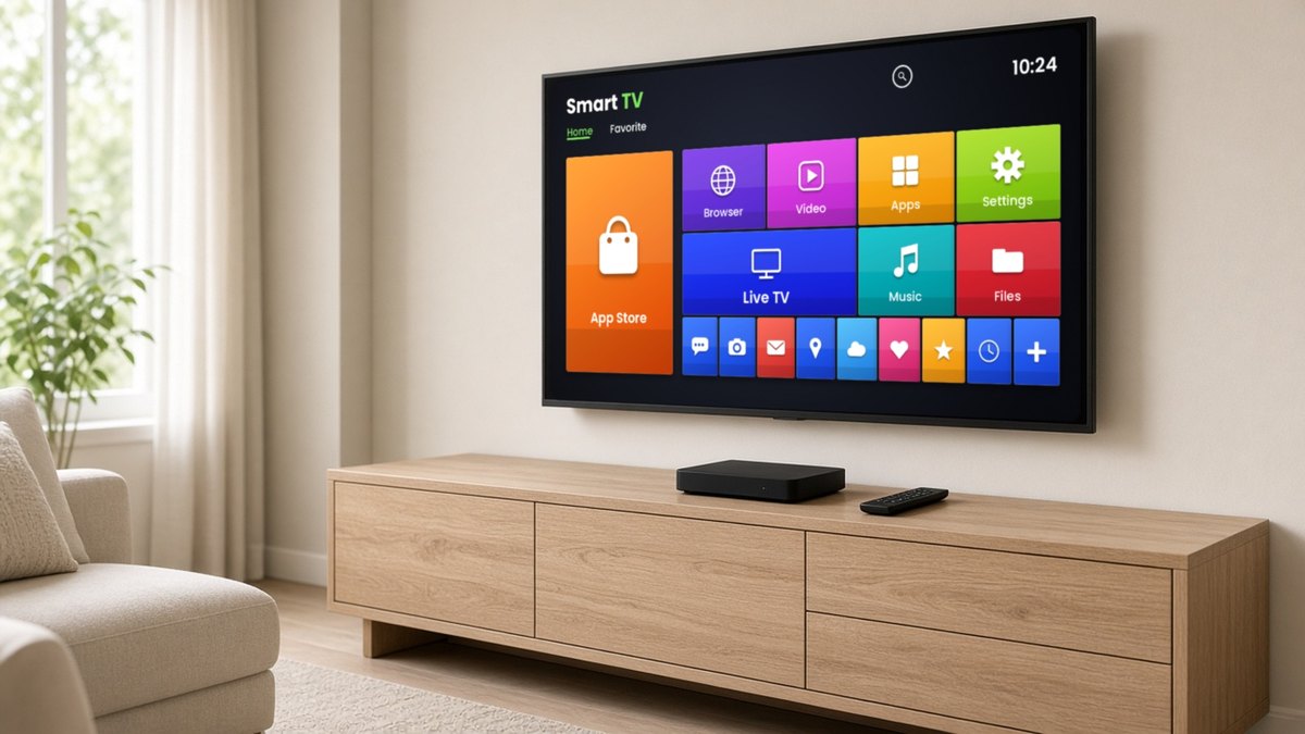 A wall-mounted TV in a bright modern living room showing a tile-style TV launcher with large coloured tiles labelled Browser, Video, Apps, Settings, Live TV, Music, Files and App Store, with a small black Android box and a slim remote control on the light oak media unit below