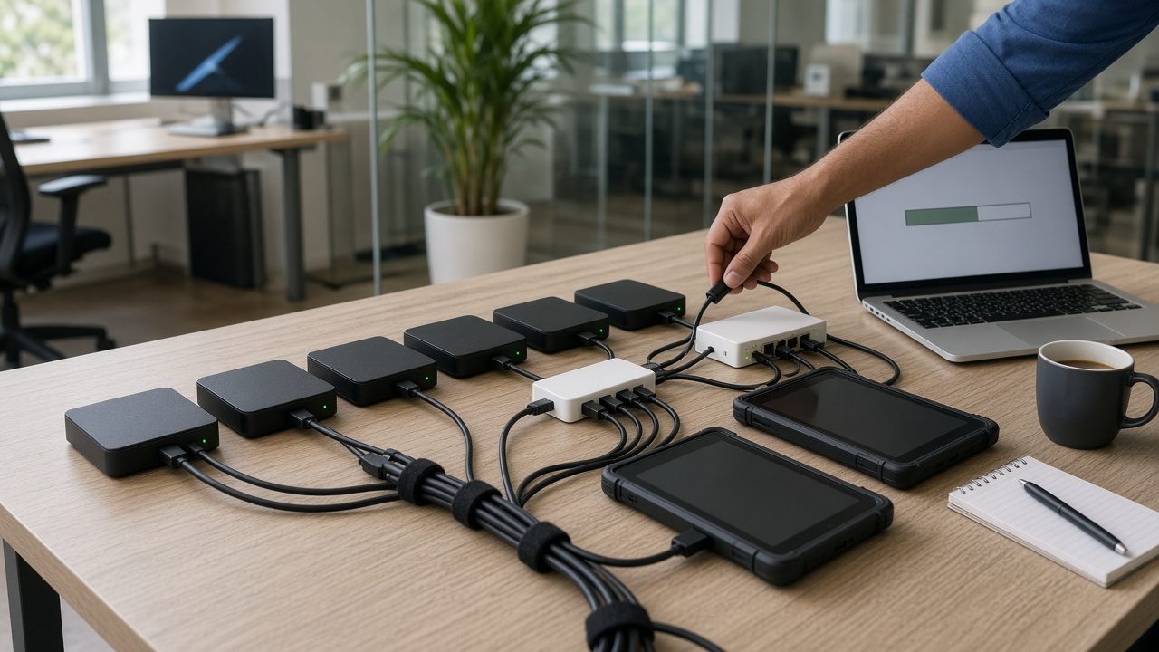 A row of Android TV boxes and rugged tablets on an IT workbench, connected to a laptop during a staged firmware update