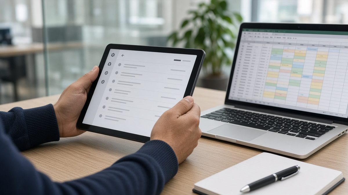 A technician’s hands holding an Android tablet showing an abstract settings screen, beside a laptop with a device inventory grid