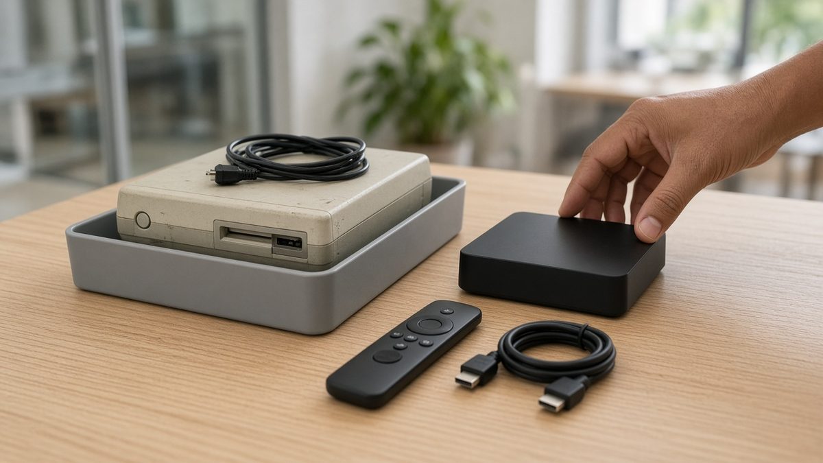 An older, scuffed beige-grey media box set aside in a tray next to a new compact black Android TV box and its remote on a workbench