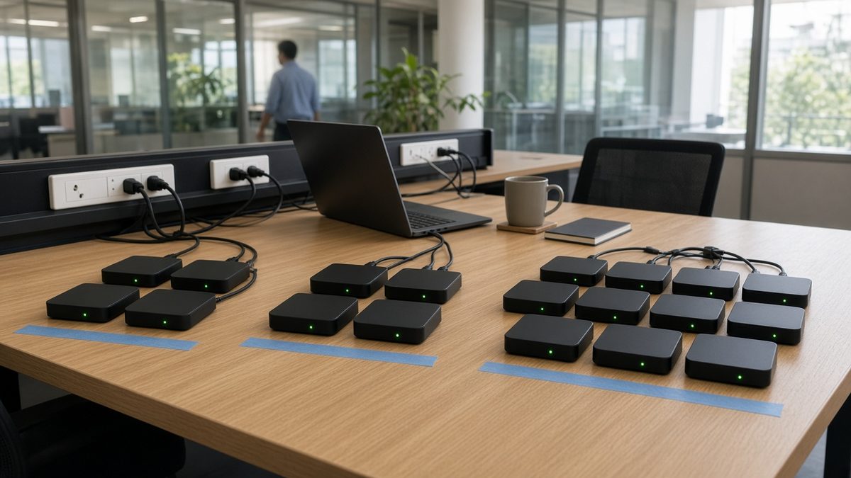 Three groups of Android TV boxes on an office test bench, a small set of test units, a pilot group and a larger main group, with status lights showing