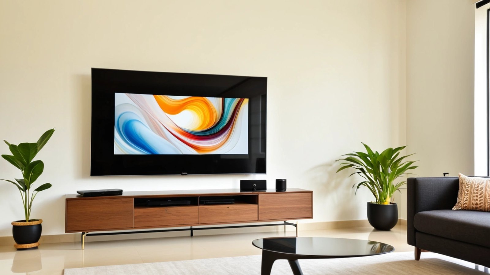 A modern living room with a large wall-mounted TV showing colourful abstract artwork above a walnut TV unit with a compact black set-top box