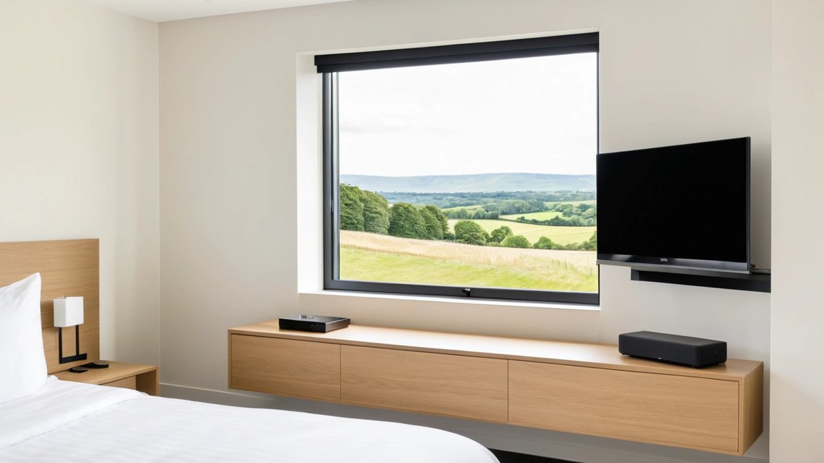 A modern hotel room with a wall-mounted TV beside a large window and a light oak console holding a small black box, with crisp white bedding and daylight