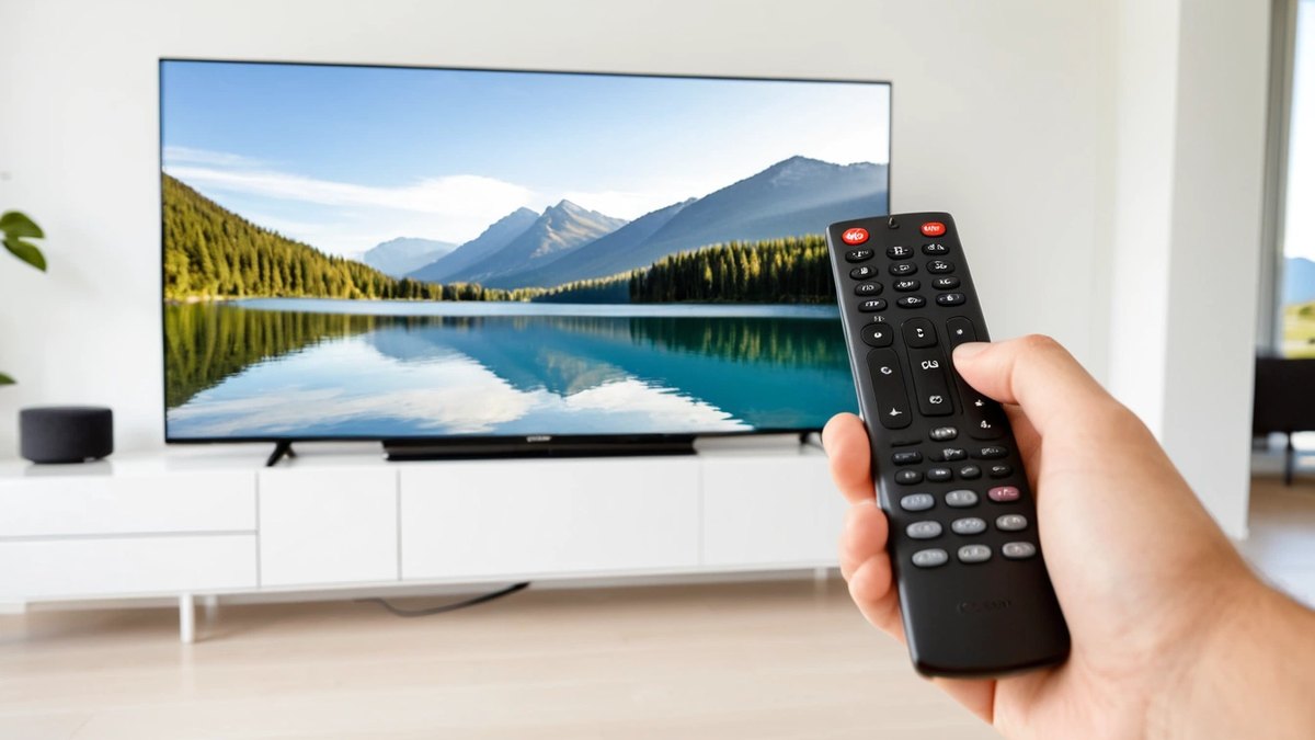 A hand pointing a black remote at a large TV showing a mountain lake landscape in a bright, modern white living room