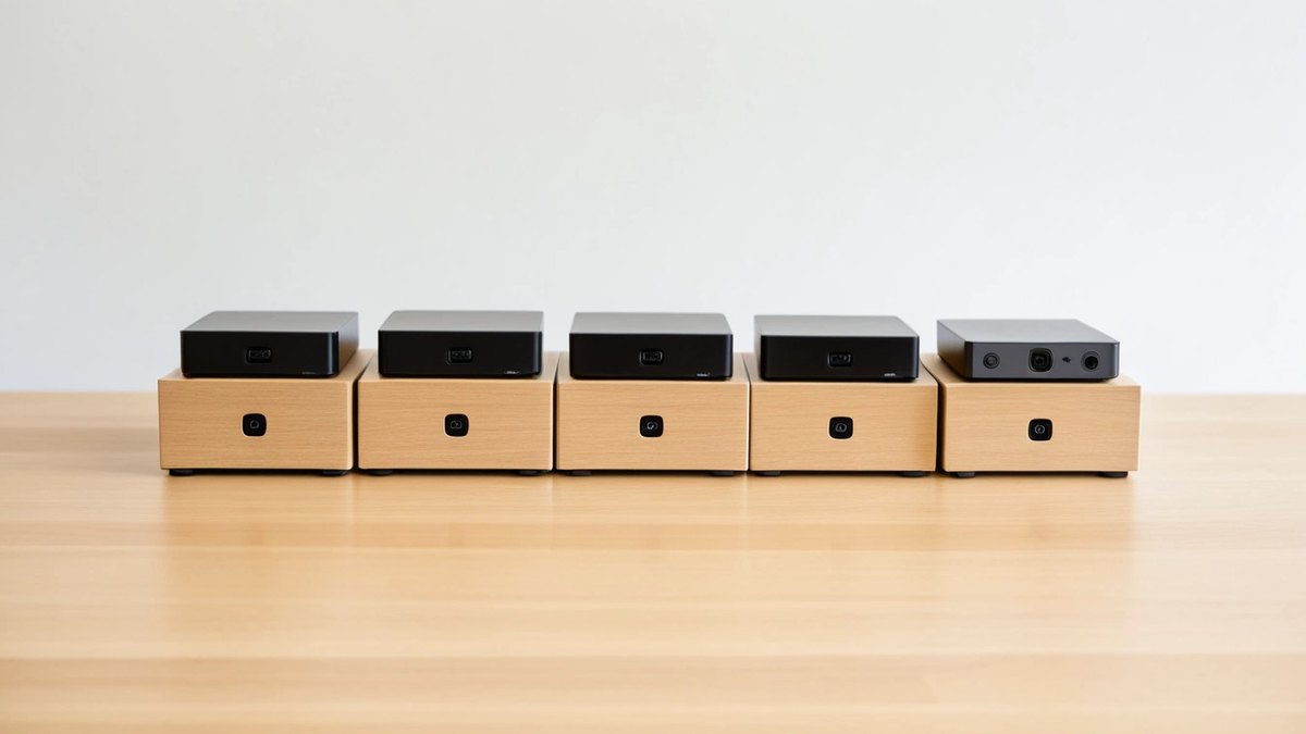 Five compact black boxes lined up on plain cardboard cartons on a light wooden desk in a bright, minimal office
