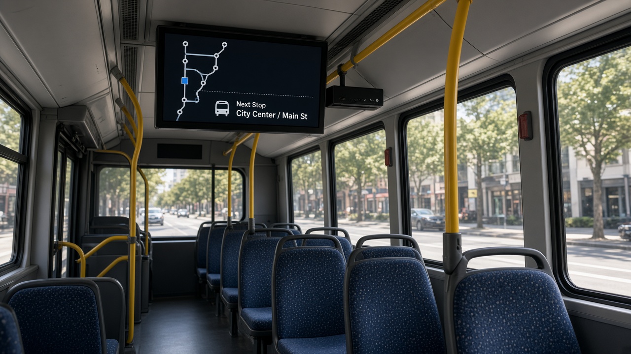 A passenger information screen above the aisle of a city bus, with an Android player mounted beside the display