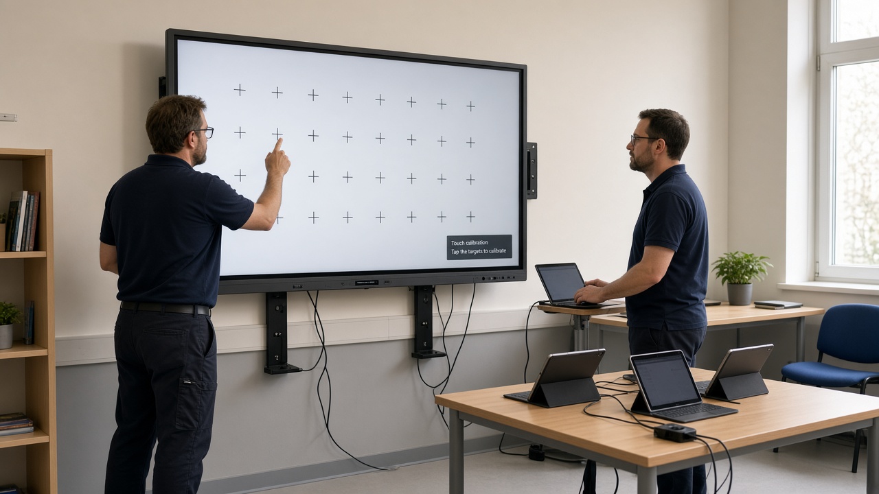 School IT staff installing interactive flat panel and testing touch in classroom
