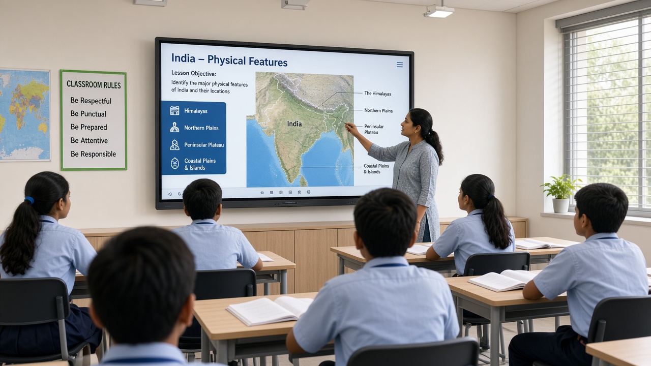 Smart classroom with large interactive touch display used for digital lessons