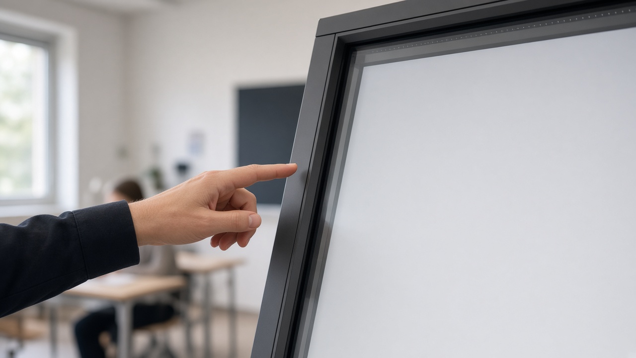 Infrared touch frame on classroom display with teacher using interactive lesson