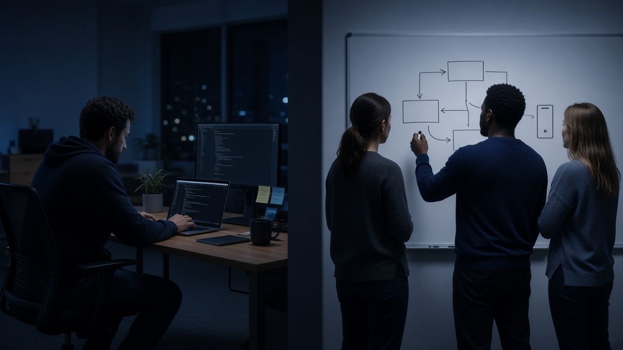 A delivery team reviewing a software architecture board next to a solo developer working on a laptop