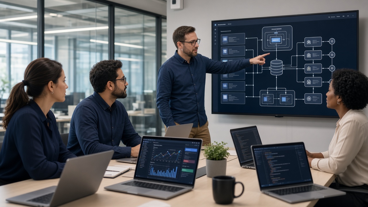 Enterprise team reviewing custom software architecture and business dashboards
