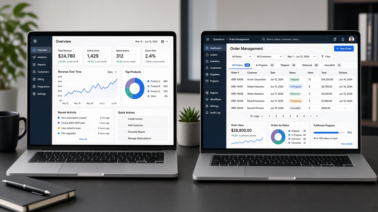 Side-by-side laptops showing packaged SaaS dashboard and tailored business software
