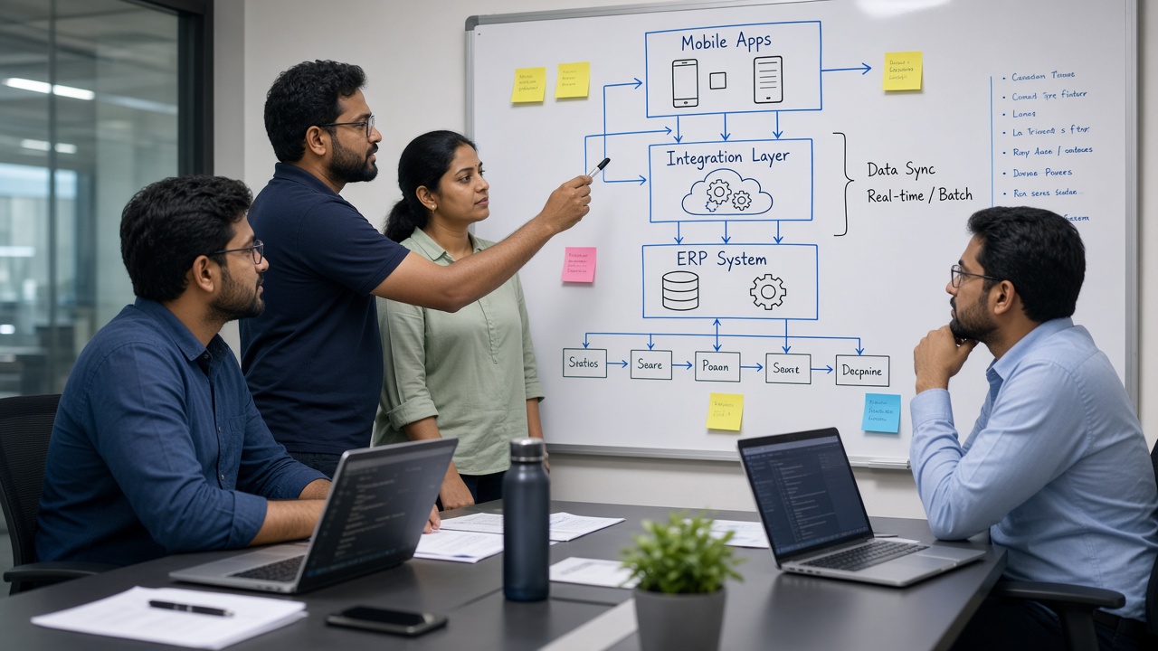 Business and engineering team whiteboarding software integrations and rollout phases