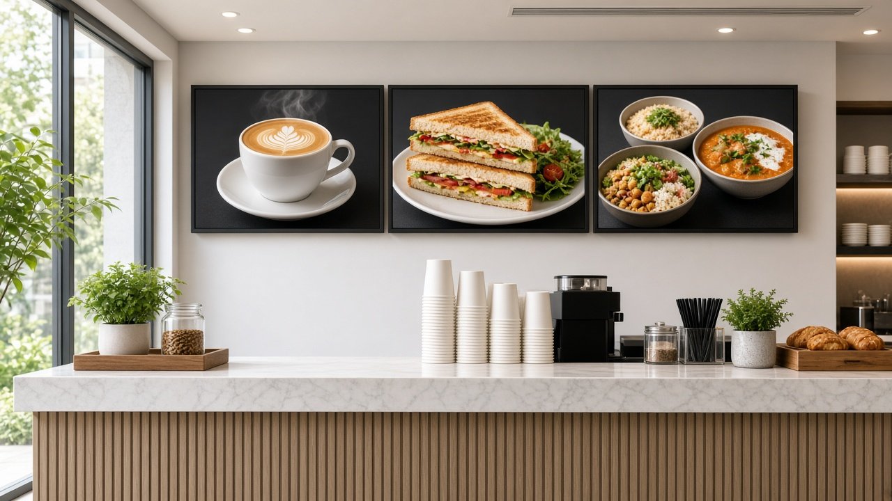 Three digital menu boards above a modern cafe counter showing coffee, a sandwich and bowls, with stacked cups on a marble surface