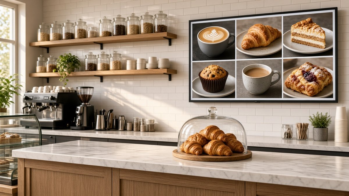 A digital menu board above a bright modern cafe counter showing coffee and pastry photos, with croissants under a glass dome on marble