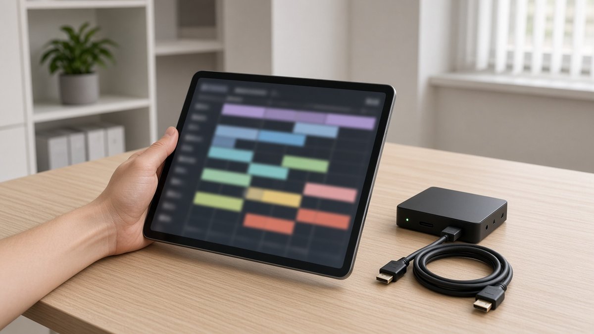 A hand holding a tablet with a blurred colourful schedule grid above a compact black media player and coiled HDMI cable on a light wood desk