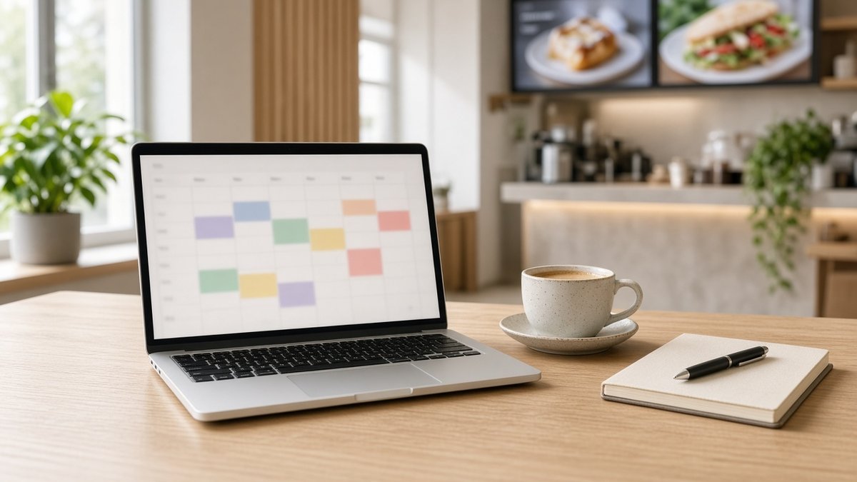 A laptop on a cafe desk showing a blurred colourful schedule calendar beside a coffee cup, with menu screens soft in the background