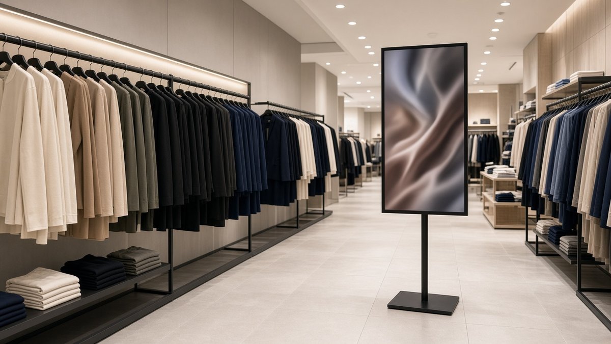 A portrait digital signage screen on a slim black floor stand in a modern apparel aisle with neatly hung clothing