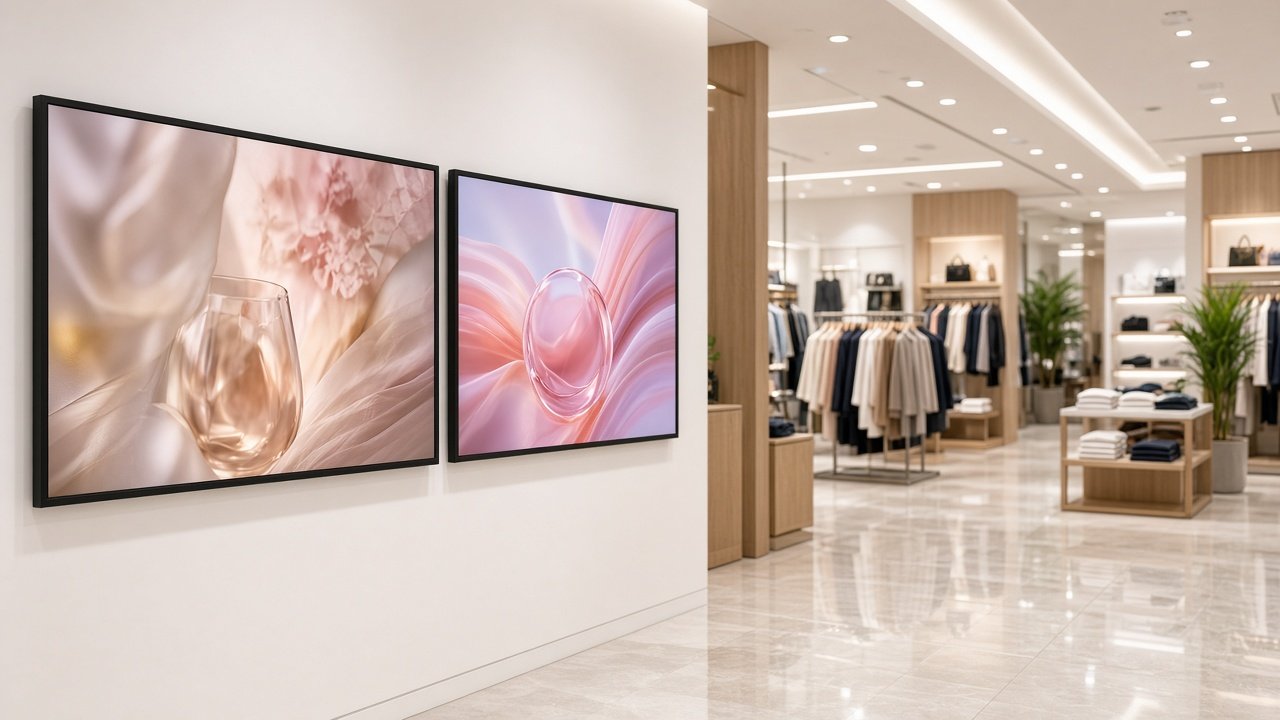 Two commercial digital signage screens on a clean white wall inside a modern upscale retail store with polished floors and clothing racks