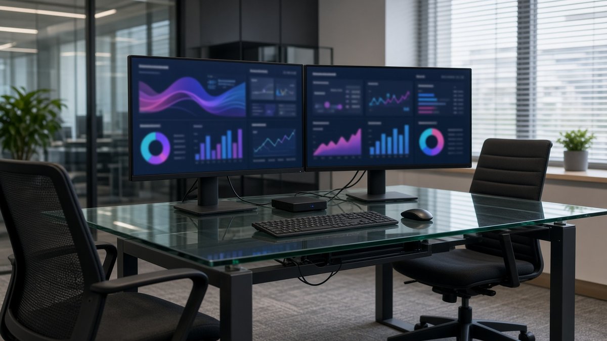 A modern corporate desk with dual monitors showing colourful abstract dashboards and a compact black media player on the glass surface