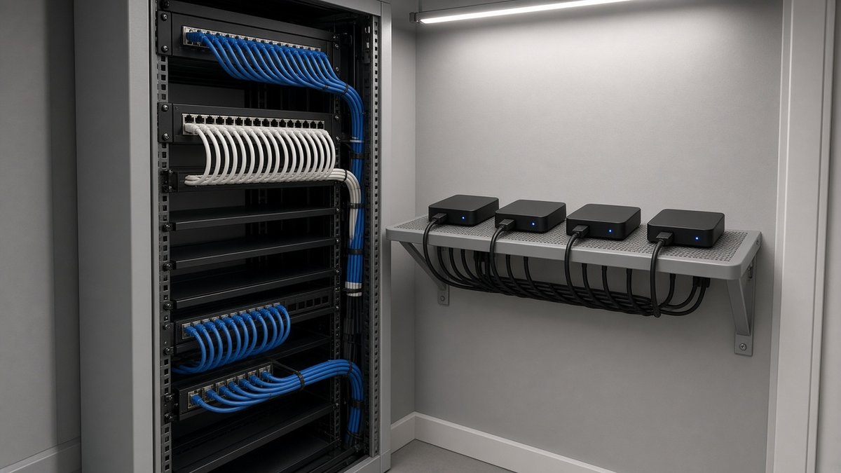 A clean modern IT closet with organised blue and white Ethernet cables and four compact black Android media players on a ventilated shelf
