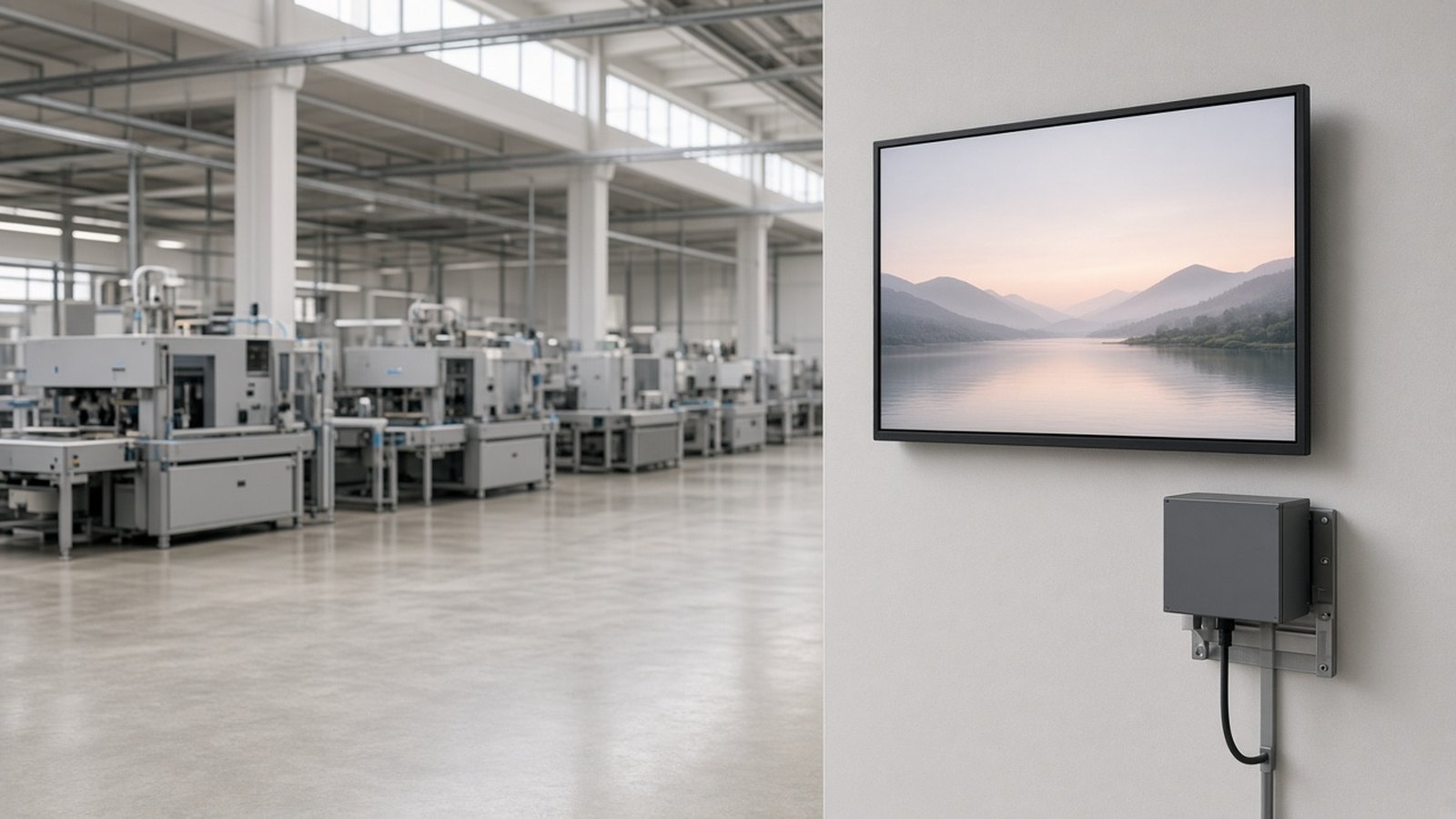 A bright, immaculate modern factory floor with light-grey production machinery, a wall-mounted display showing a calm mountain-lake landscape and a small grey metal box on a steel bracket below it