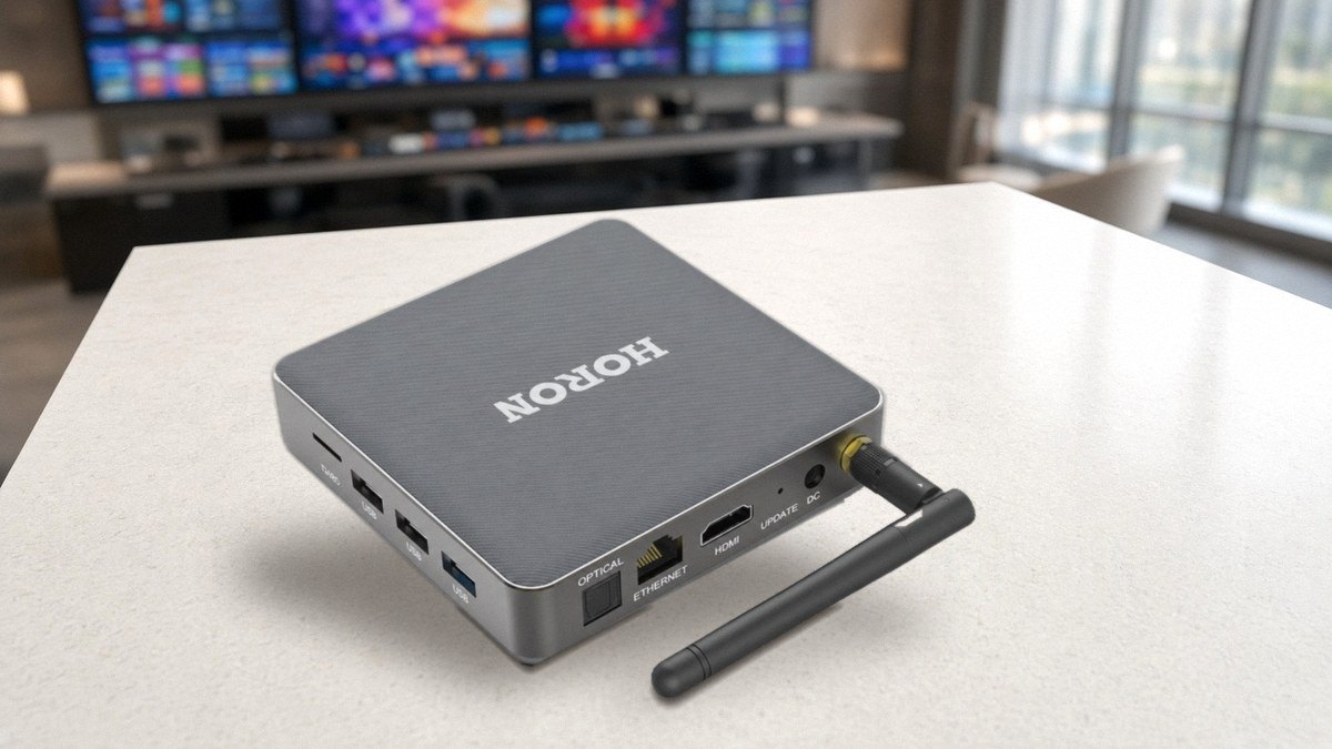 Grey HORON Android box in a metal enclosure with an external Wi-Fi antenna, placed on a pale stone counter in a modern control room with a blurred wall of screens behind it