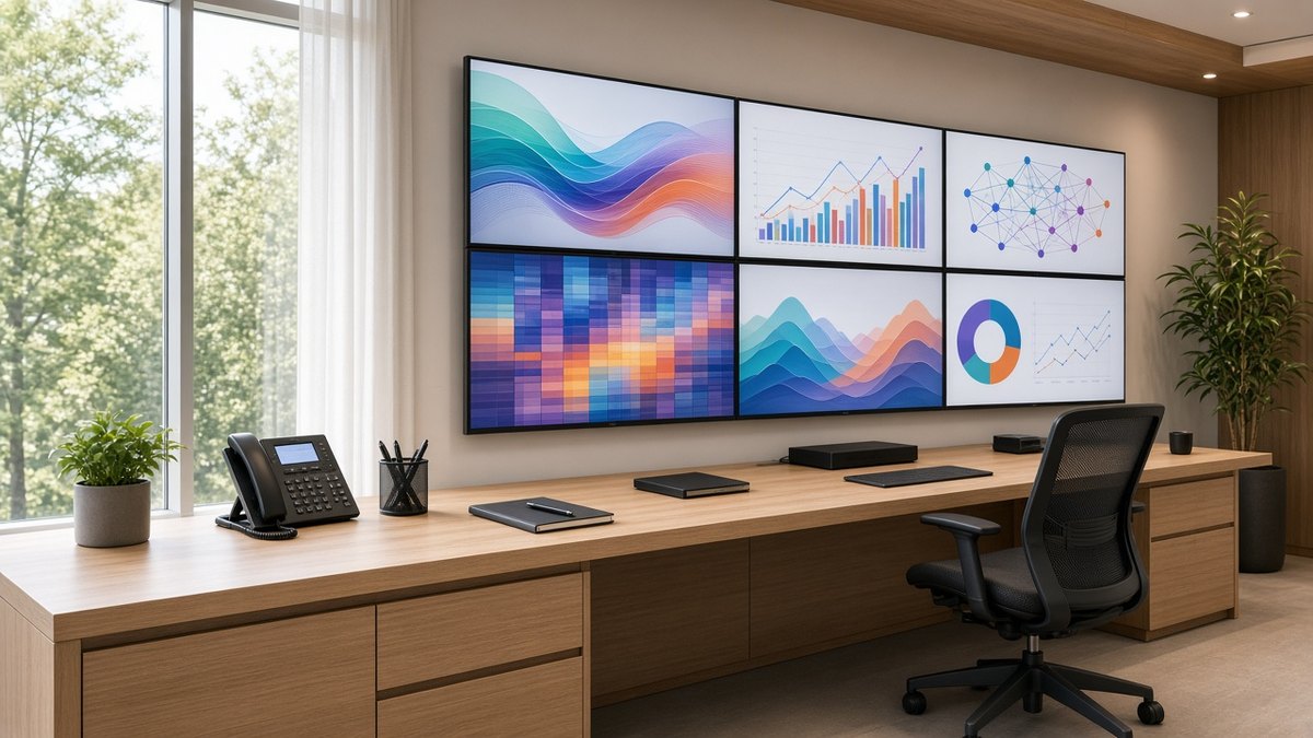 A tidy modern control room with a light wooden desk and six wall-mounted screens showing colourful charts, with tall windows and a green plant