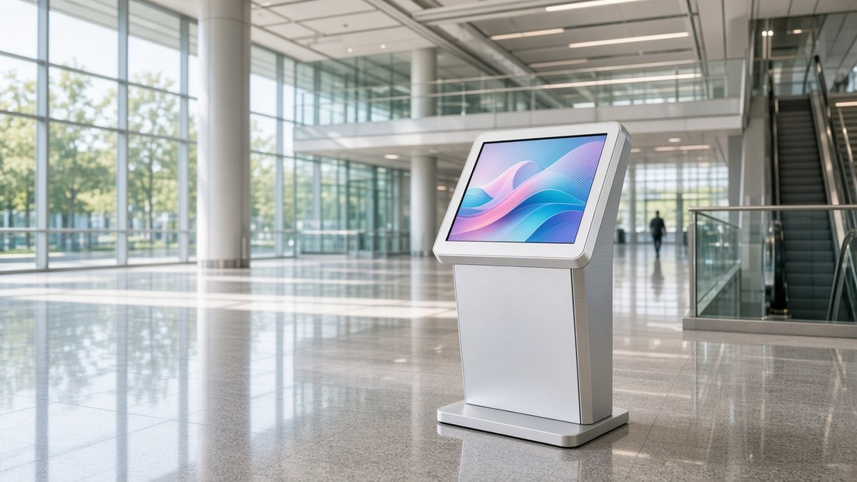 A sleek white and brushed-metal self-service touchscreen kiosk on a polished floor in a bright modern concourse with glass walls and an escalator