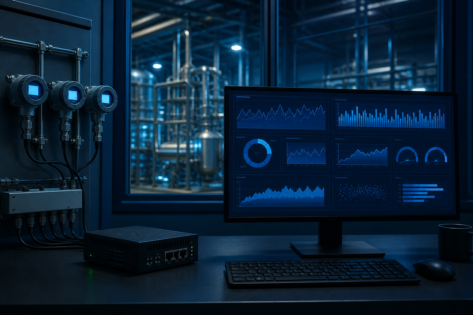 Industrial IoT control room with sensors, gateway and operations dashboard