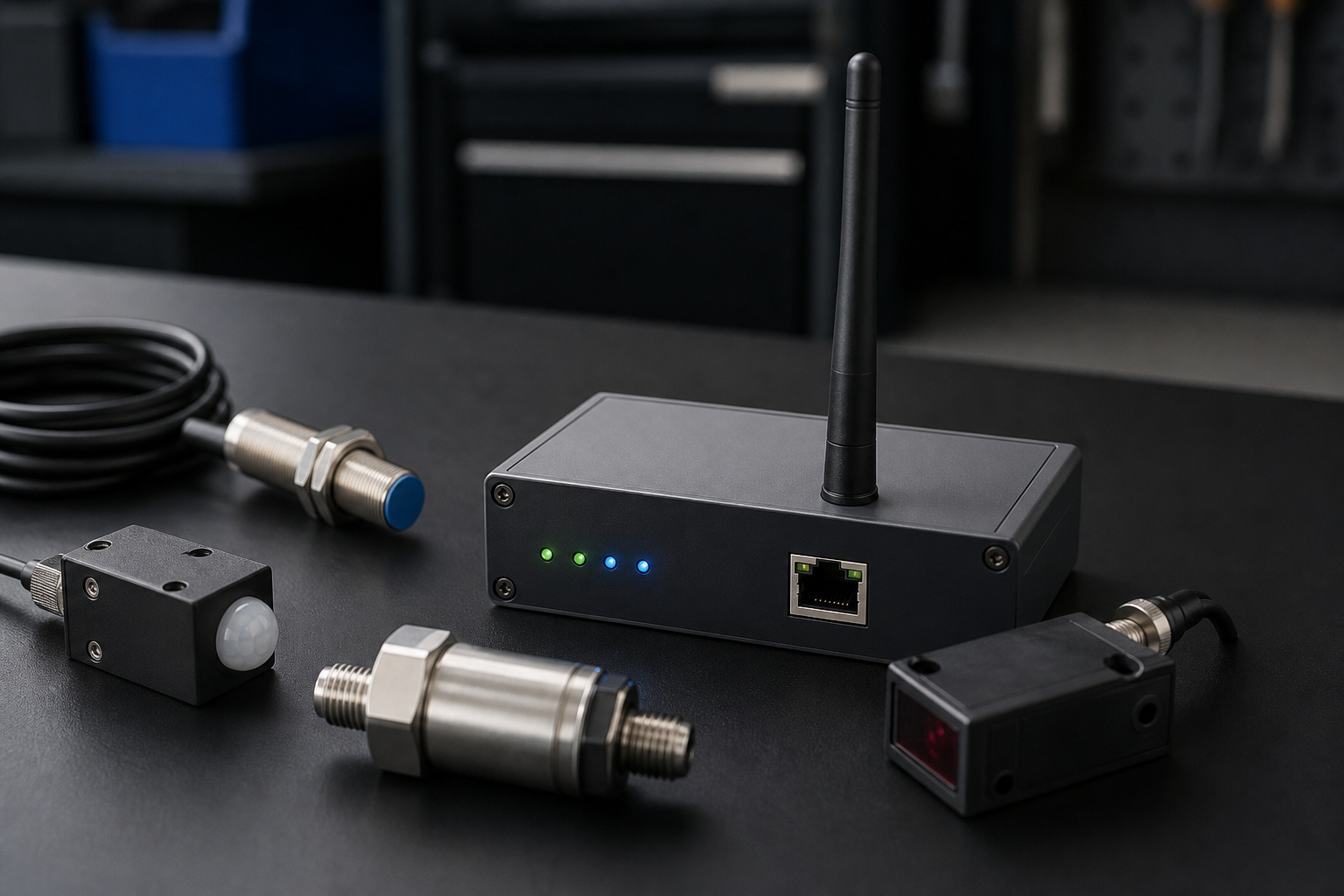 IoT sensors and compact gateway hardware on a workbench