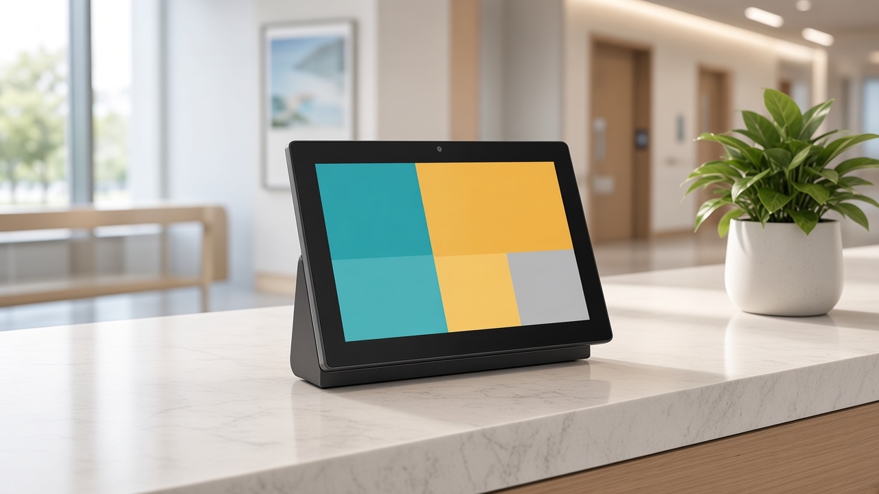 A commercial Android tablet locked into a reception kiosk