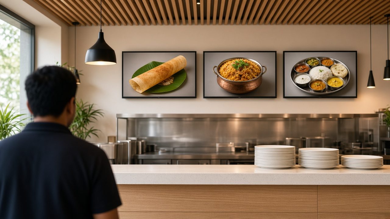 Three digital menu board screens above a quick-service restaurant counter showing dosa, biryani and a South Indian thali, with stacked plates on the stone counter below