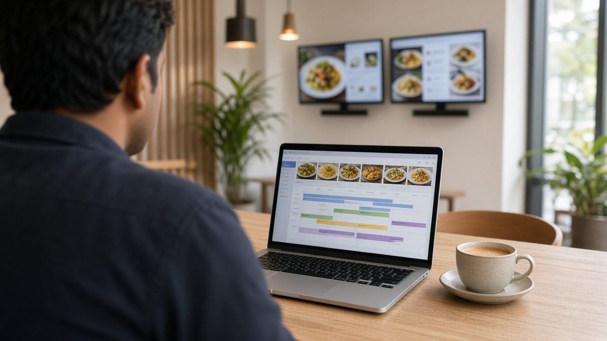 A restaurant manager’s laptop showing a menu content dashboard with food photo thumbnails and colour-coded schedule bars, menu screens out of focus behind