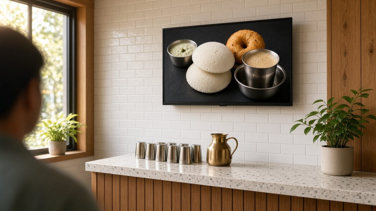 A digital menu screen above a tiffin centre counter in the morning, showing idli, vada and filter coffee
