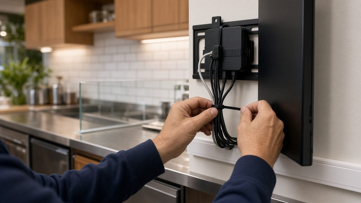 A compact black Android player fixed to the back of a menu screen mount, with a technician cable-tying its HDMI and power leads above a steel kitchen