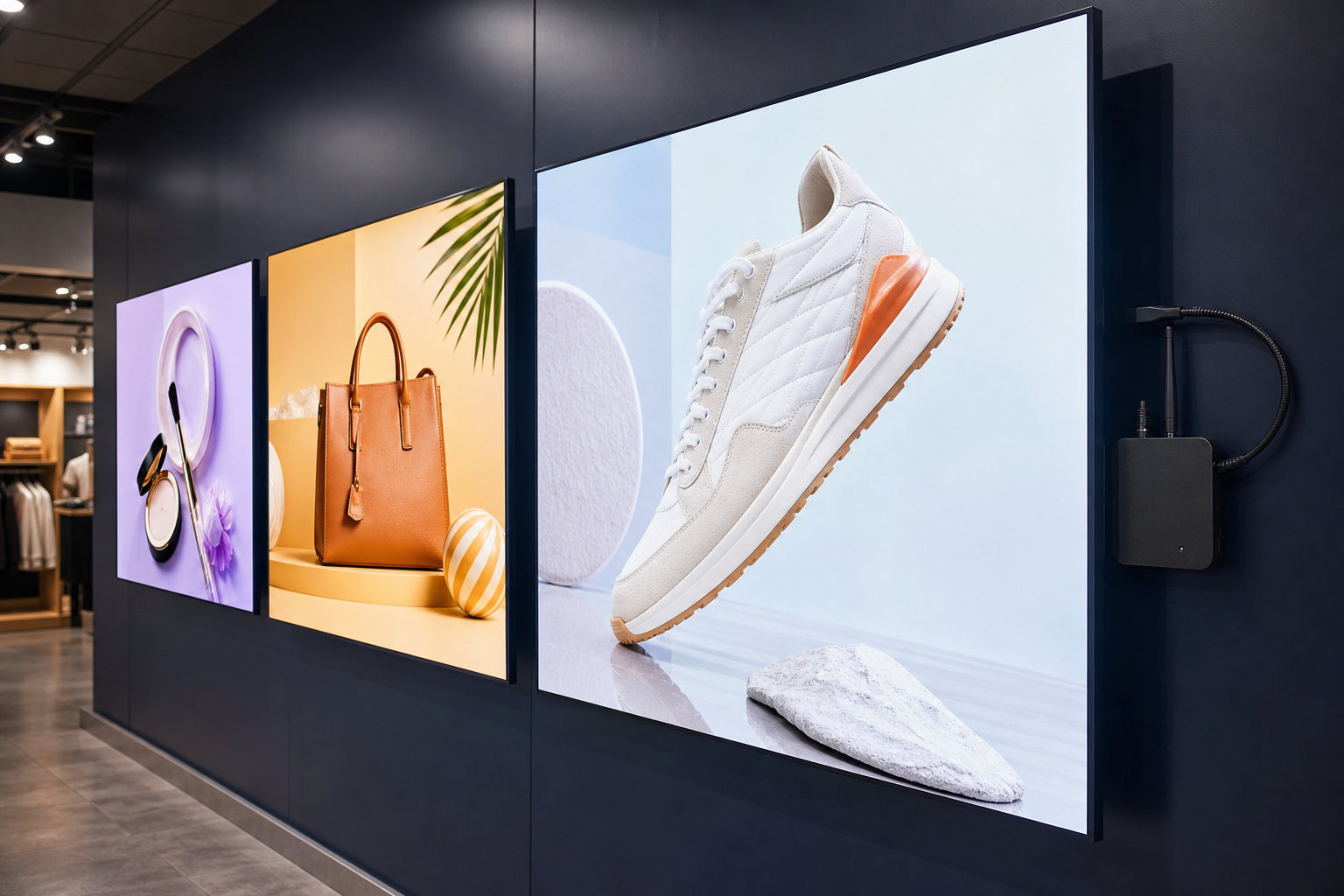 Retail wall of commercial digital signage screens with compact Android media players