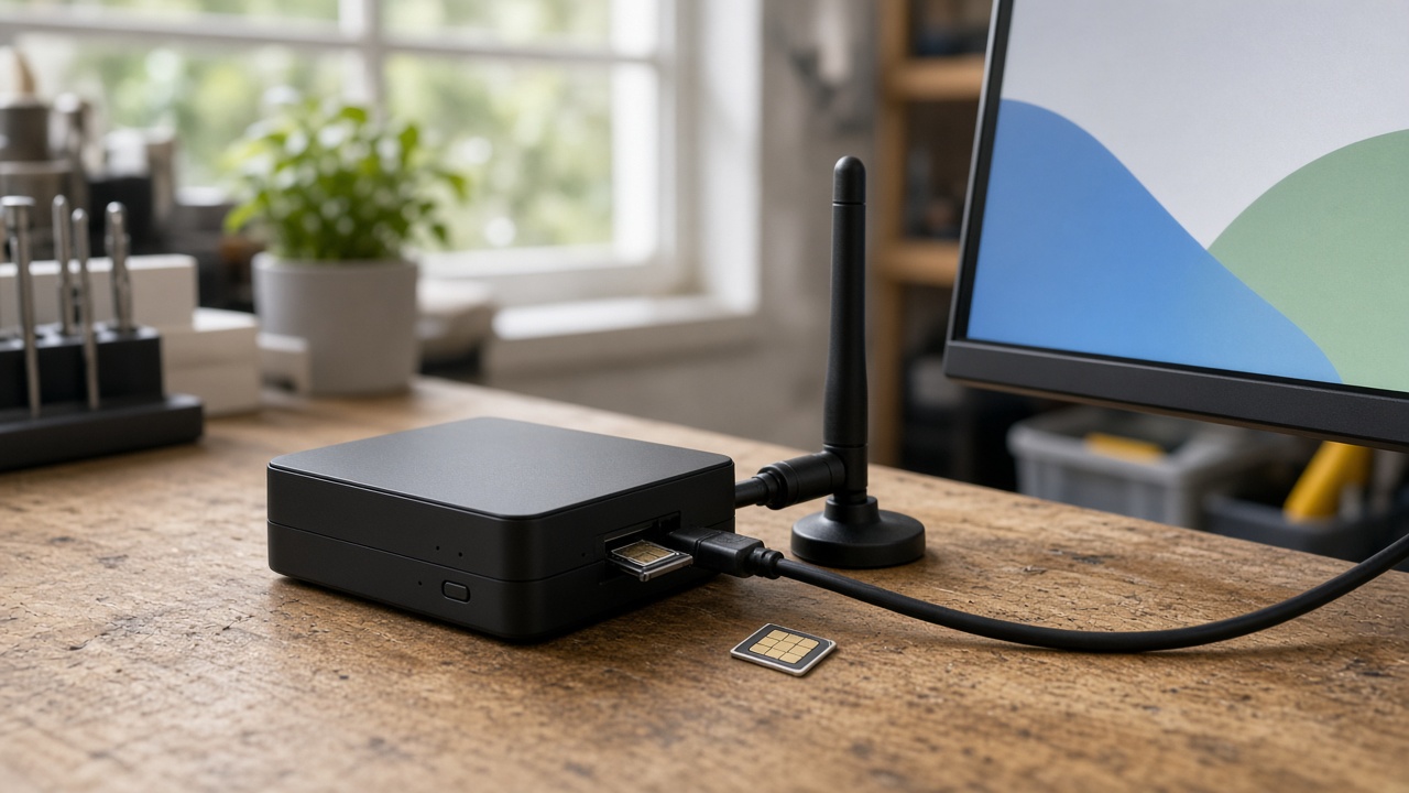 An Android media player on a workbench beside a SIM card, an antenna and a cable to a commercial display