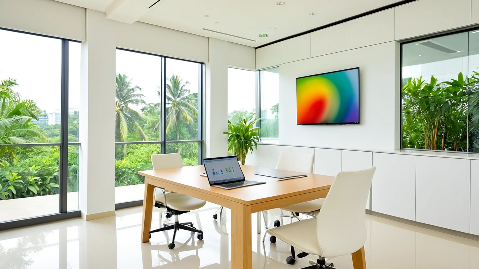 A bright modern meeting room in a corporate office with an open laptop showing a colourful dashboard, a tablet and a coffee cup on a light oak table
