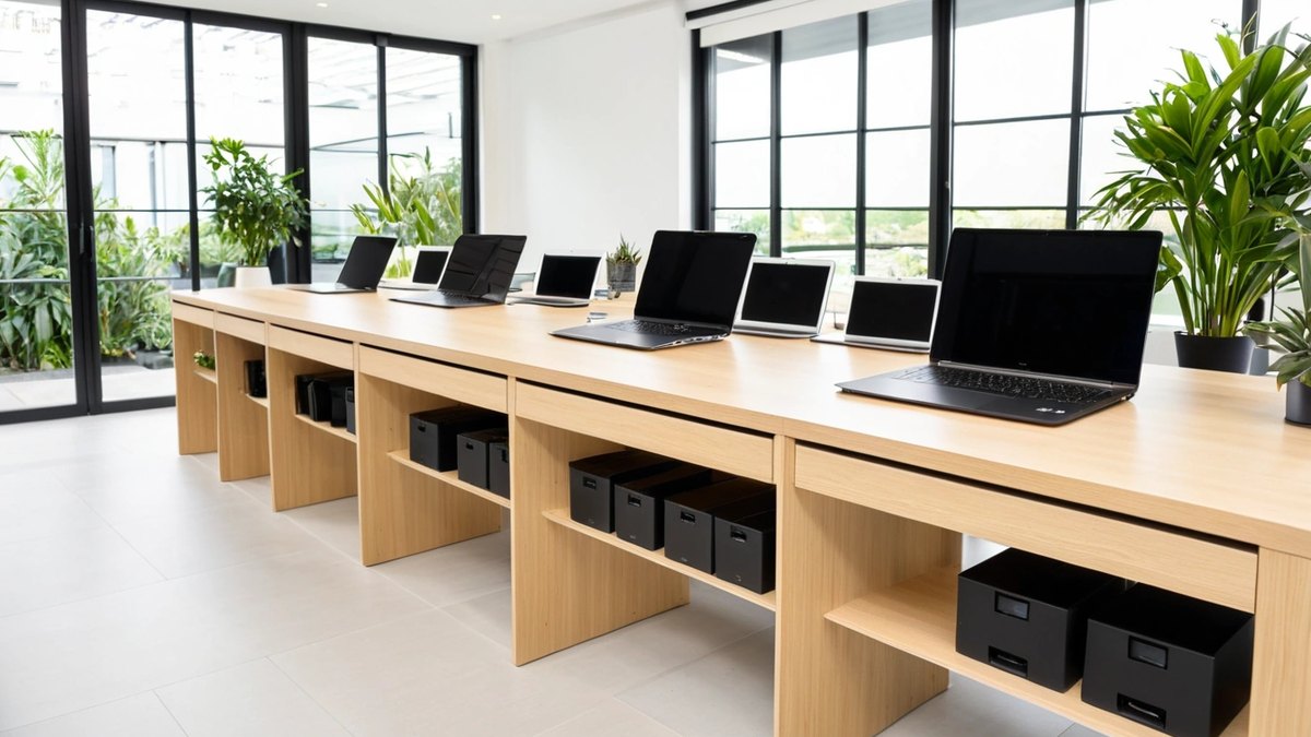 Laptops lined up on a long light-wood workbench with black device cases on the shelves below, in a bright modern IT room with plants