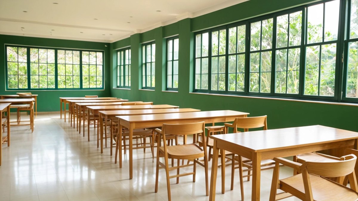 A bright, empty modern classroom with rows of wooden desks and chairs, a green board wall and large windows looking out on trees
