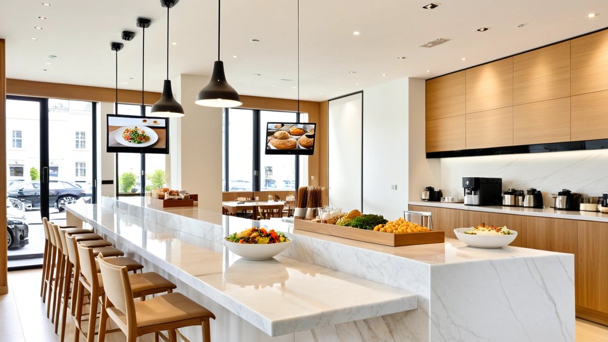 A modern café counter in white marble with two slim wall-mounted digital screens showing food photos under warm pendant lights