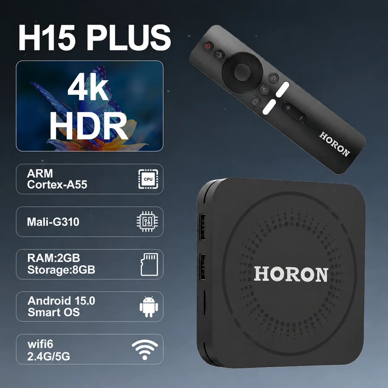 HORON H15 Plus 4K Android TV box with remote and key specifications