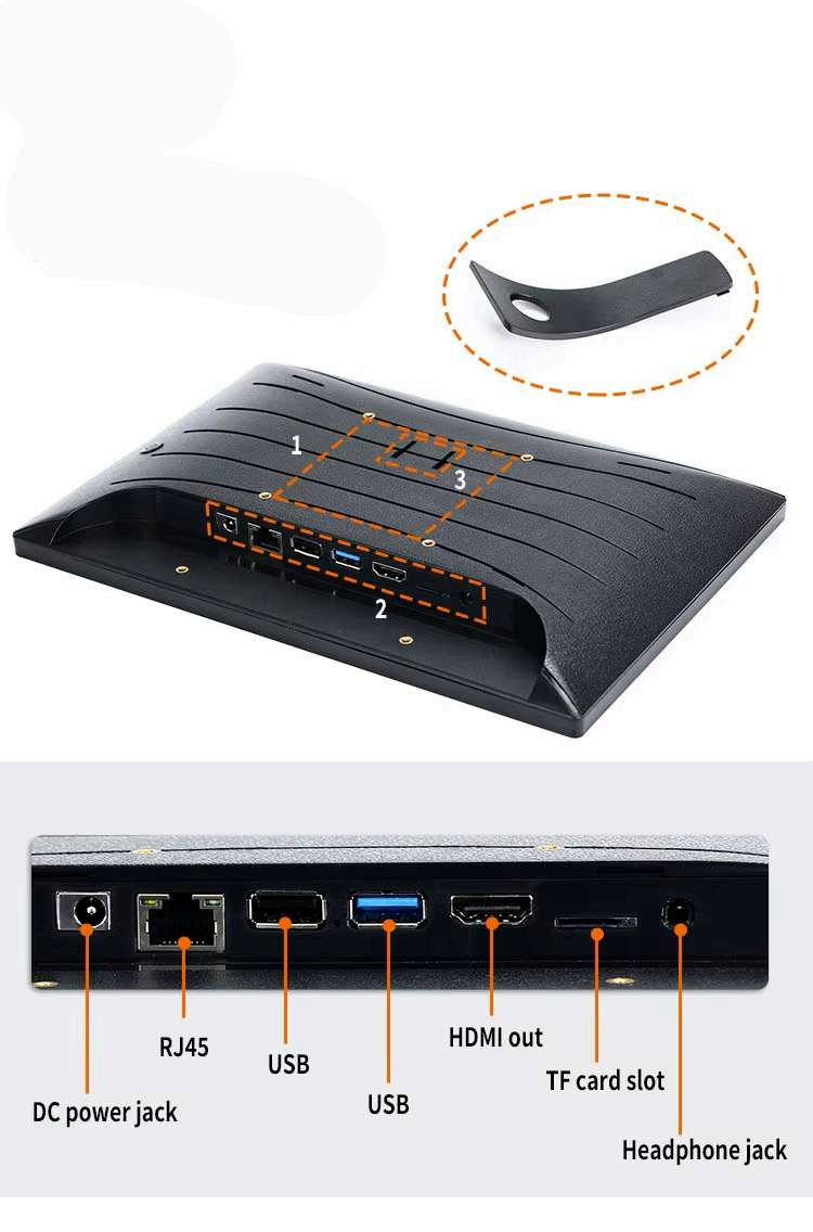QPAD101 labeled ports and VESA mount diagram